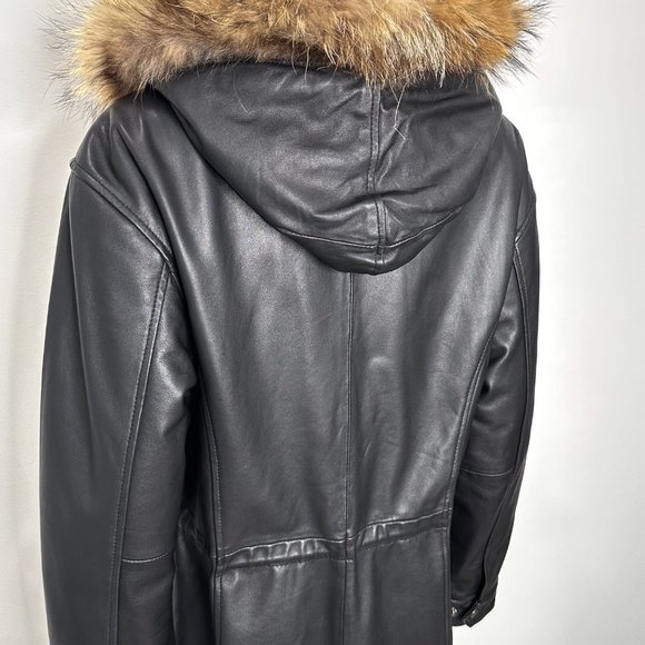 Genuine Lamb Leather Longline Coat Jacket w/ Remove-able Faux Fur Trim Hood - Picture 12 of 16